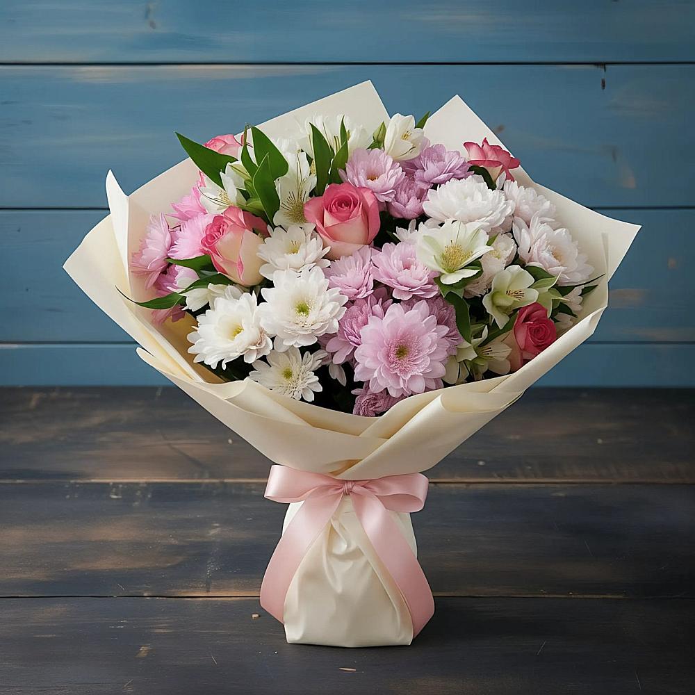 Букет цветов из: Хризантемы, Альстромерии и Розы в Кулой